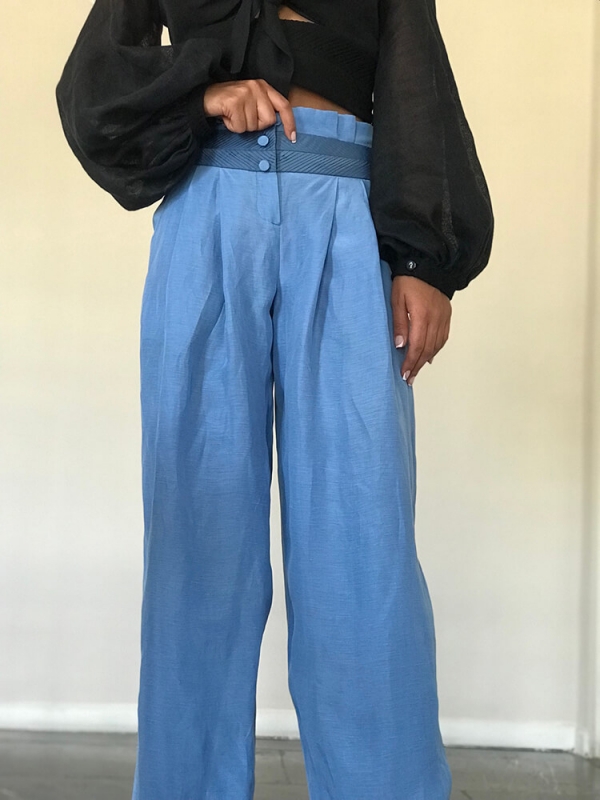 silk loose trousers with front buttons blue